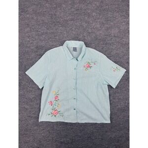 Women's‎ Koret Stripe Floral Size L Teal Stripe Button Up Embroidery Excellent
